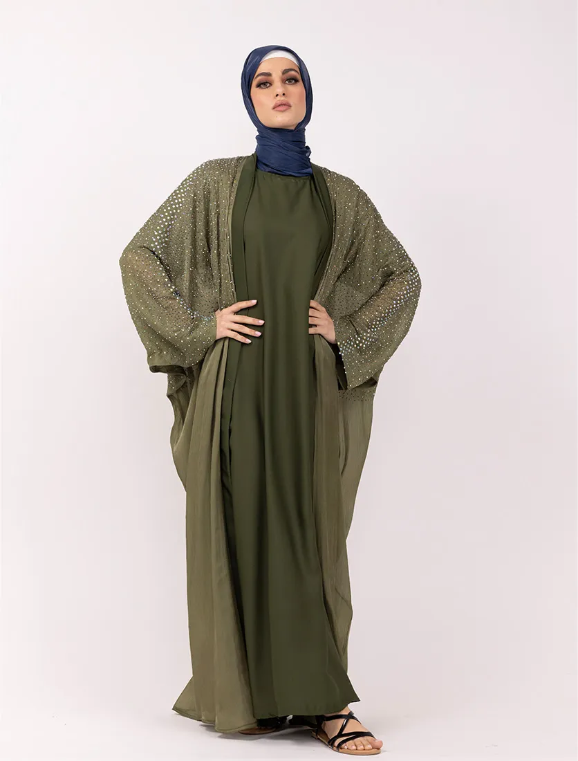Olive Sparkle Crystal Embellished Sheer Overlay Abaya